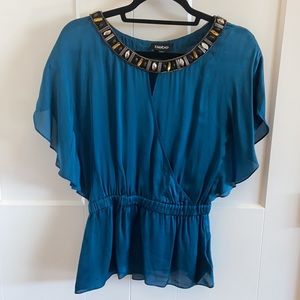Bejeweled Satin Peplum Blouse